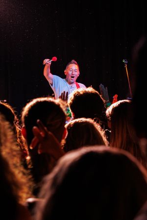 Silhouetted crowd cheering at a concert with excited performer visible from behind audience members.