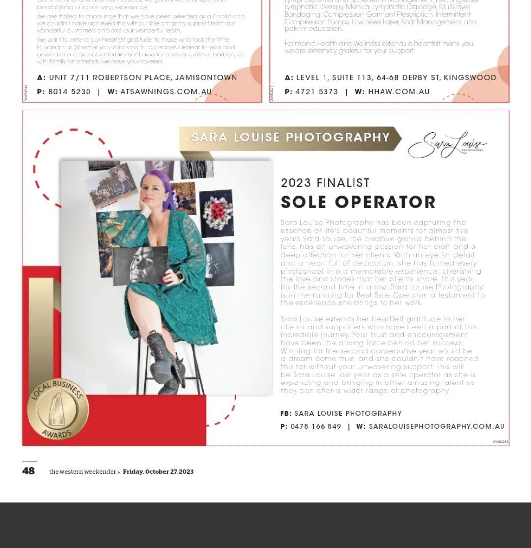 Magazine page layout featuring photography business award finalist announcement.