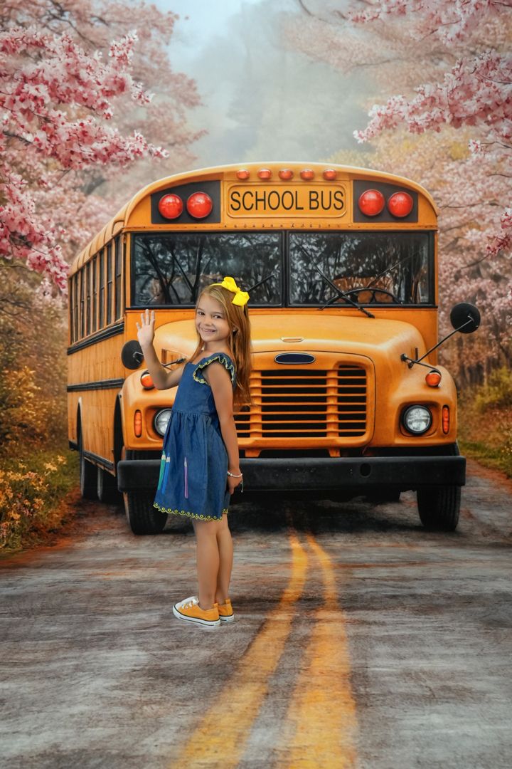 Yellow school bus parked on rural road with pink cherry blossoms blooming in autumn scenery.
