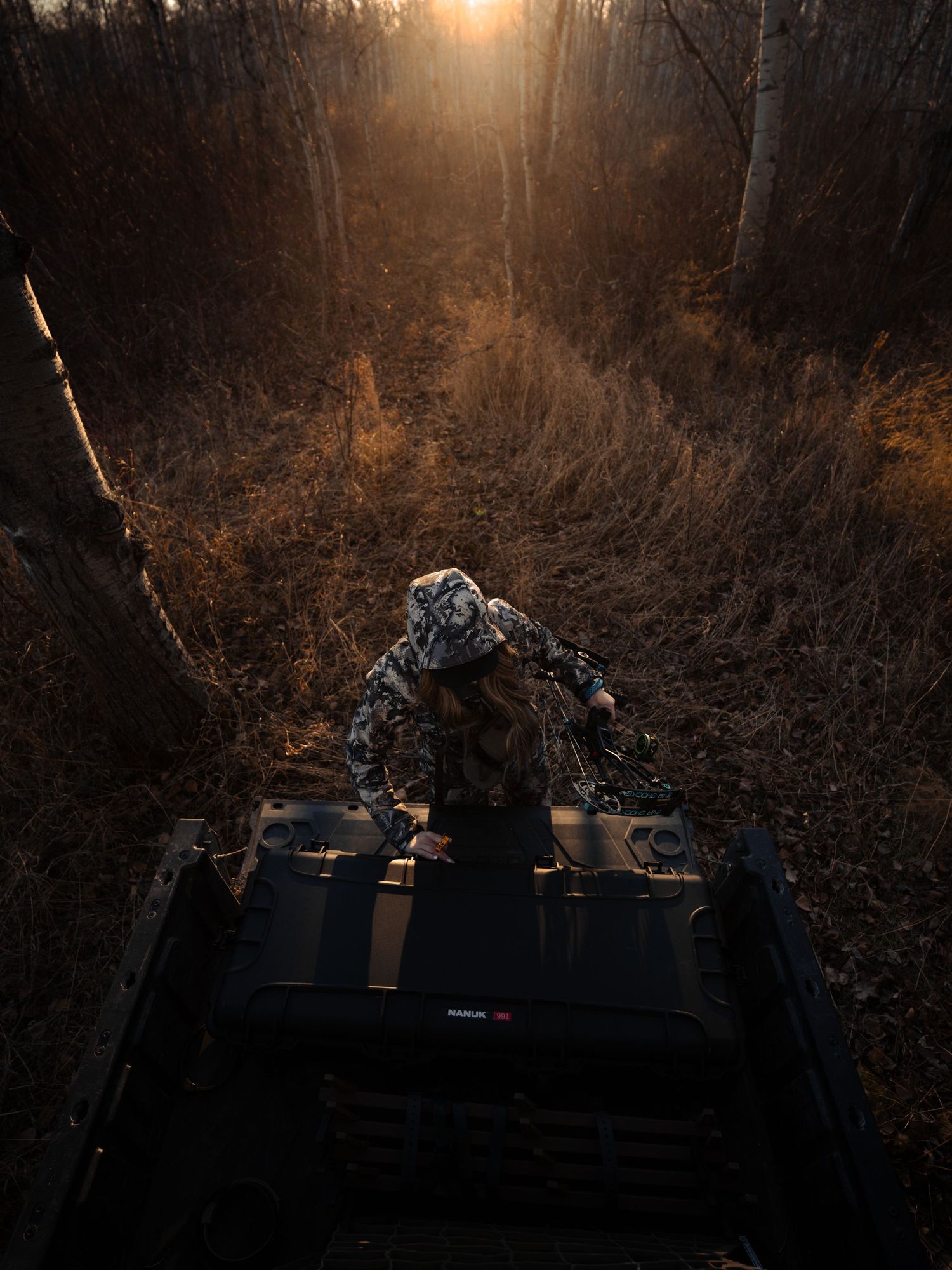 Silhouetted camping gear against dramatic sunset in wooded area.