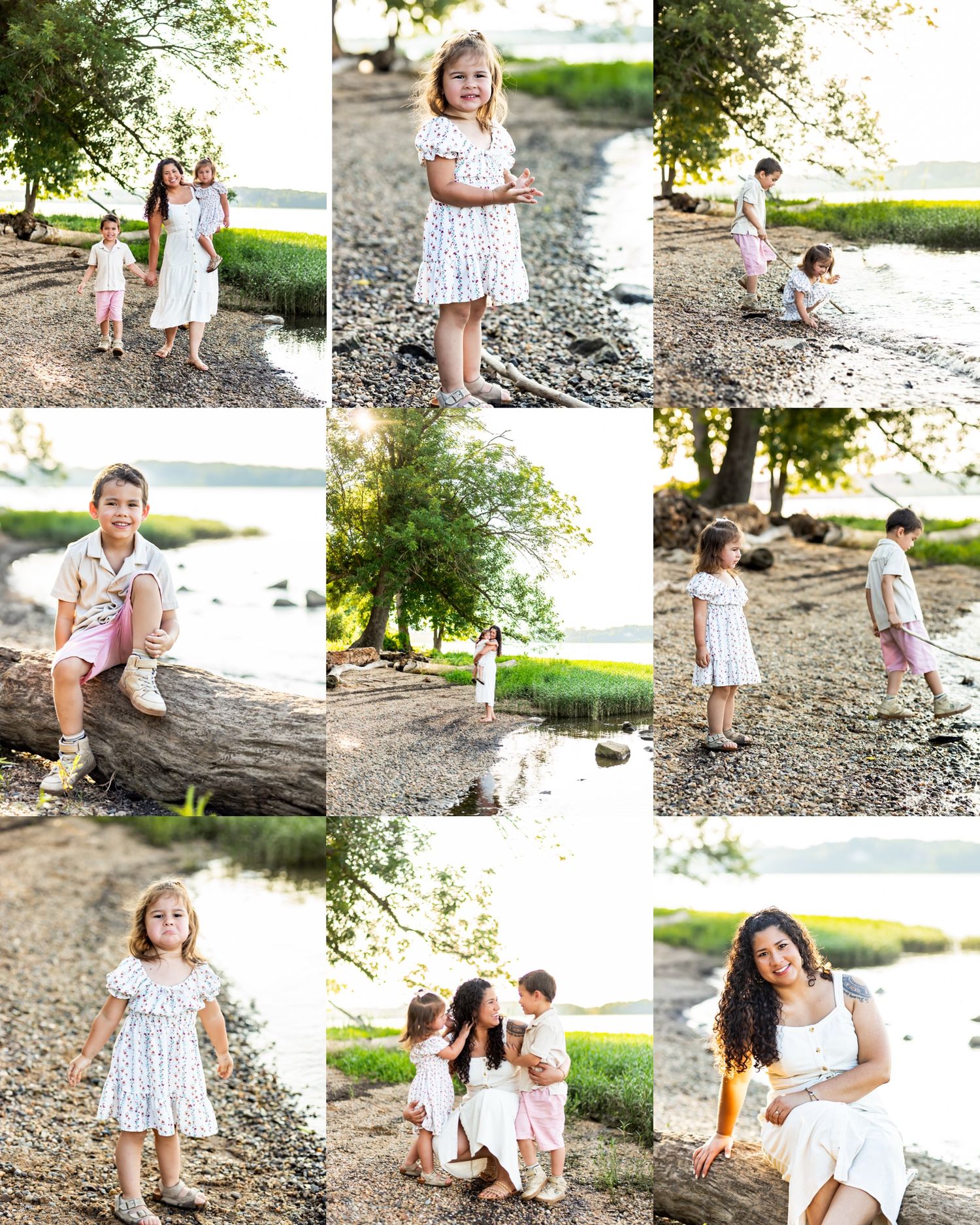 Children playing and exploring together on a rocky beach shore during a sunny summer day.
