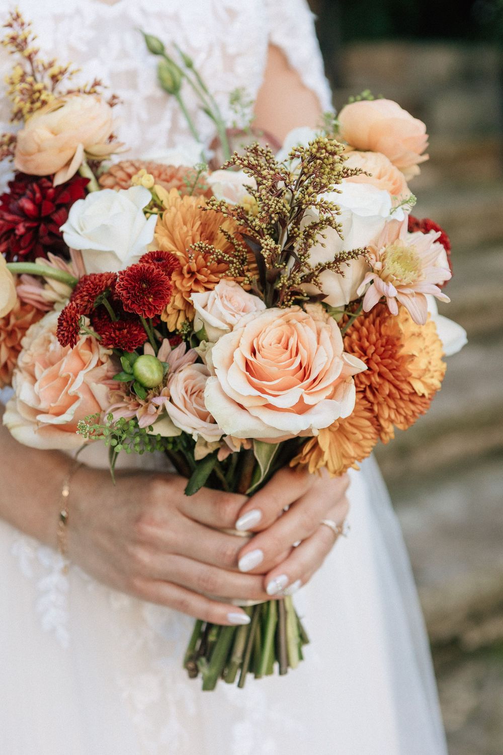 A beautiful fall bouquet captured by a Santa Barbara wedding photographer before a wedding ceremony at the Santa Barbara Sunken Gardens.