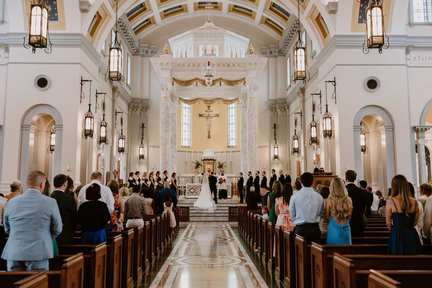Bride and groom at altar during Sacred Heart Cathedral Catholic wedding in Knoxville, TN