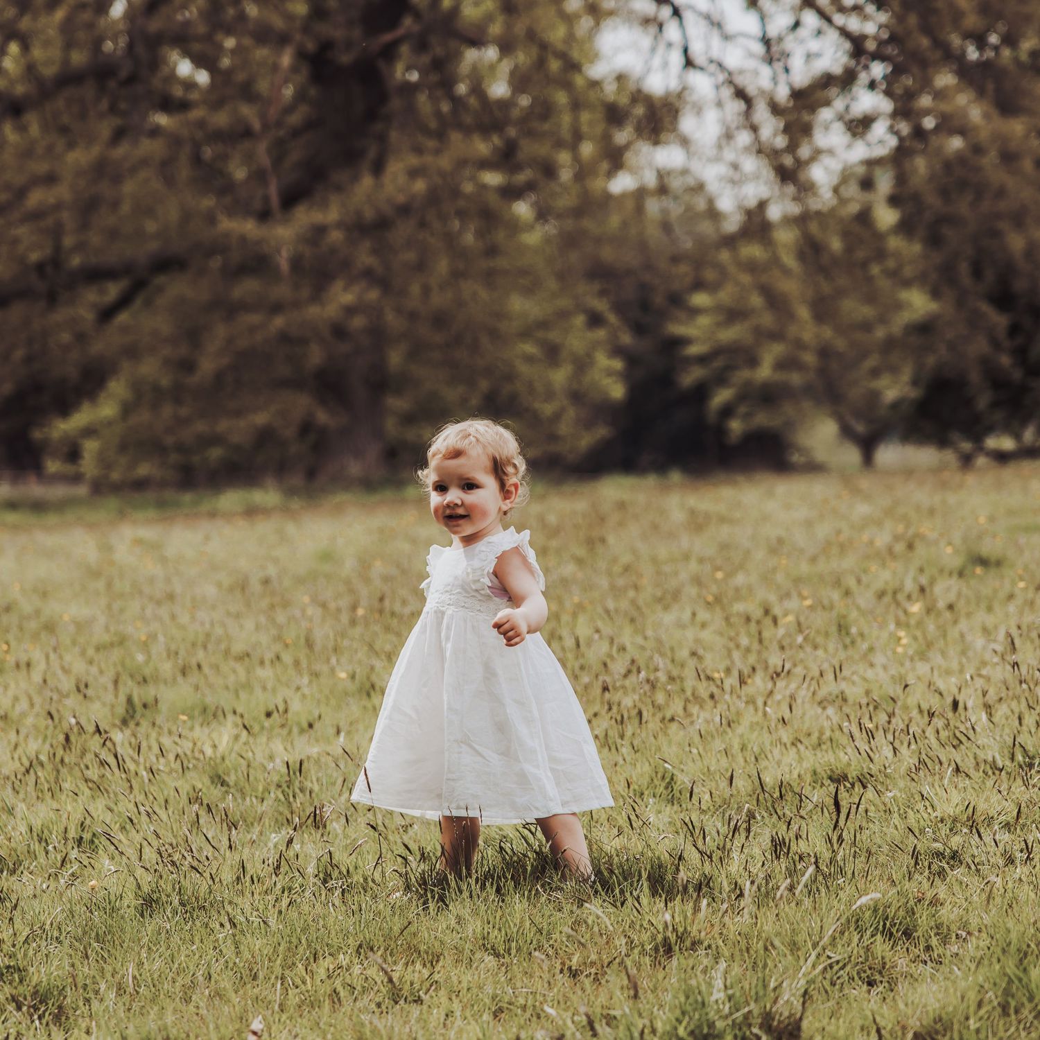 Image of a little girl toddler in a white dress taking her first steps in a field.