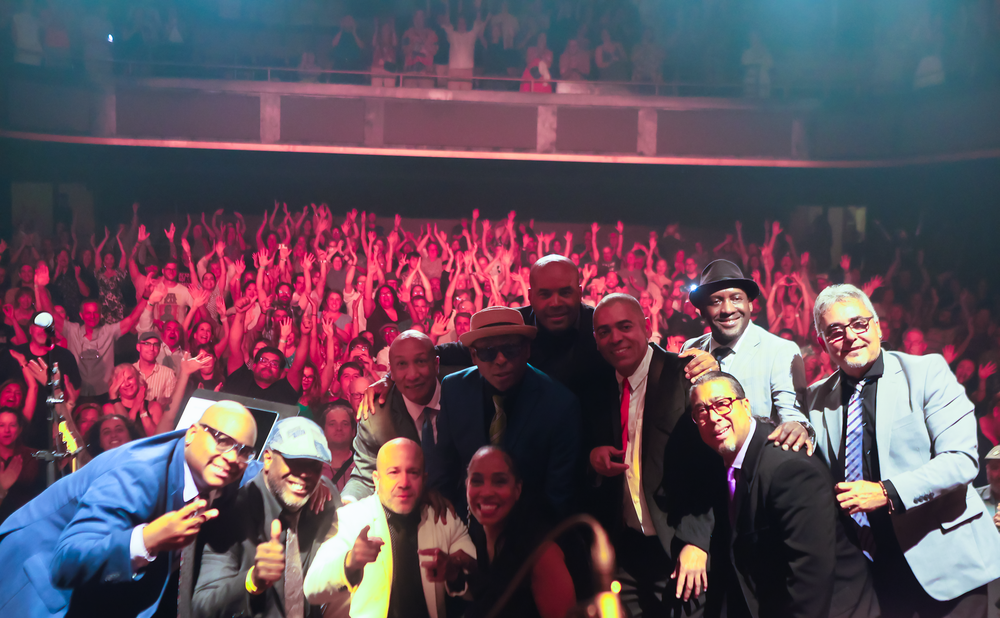 Concert crowd illuminated by vibrant pink and blue lighting creates an energetic atmosphere during a live performance.