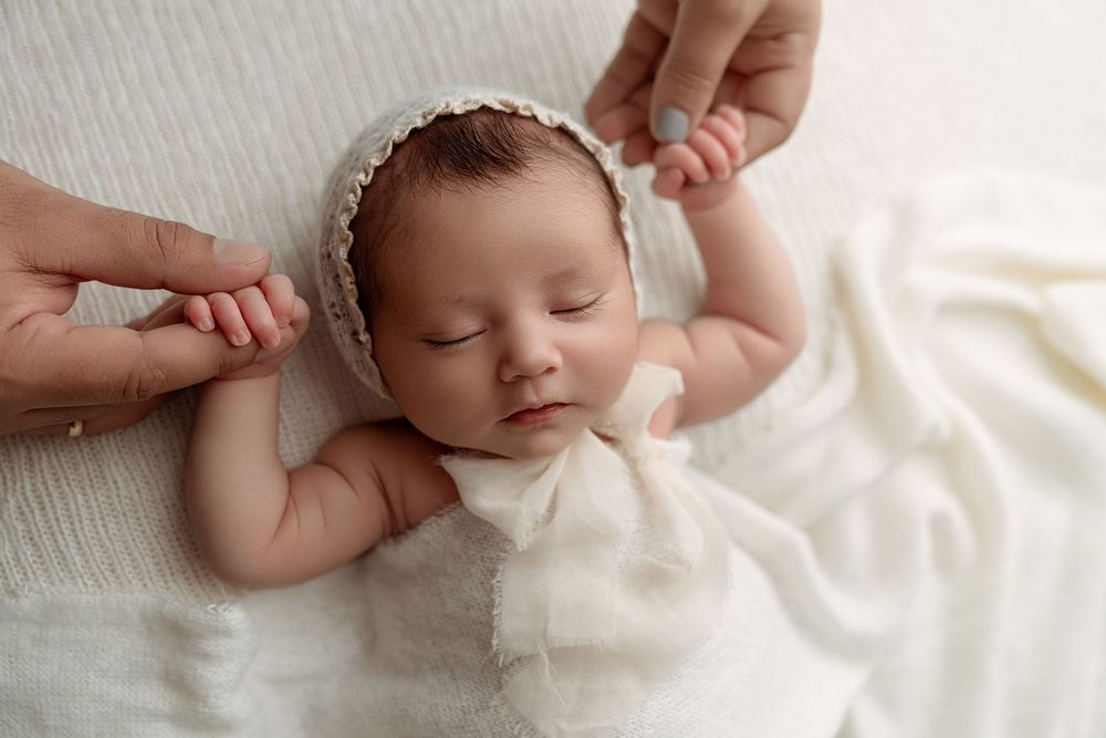 Sleeping newborn baby in white bonnet and outfit lying on soft white blanket held by parents hands.