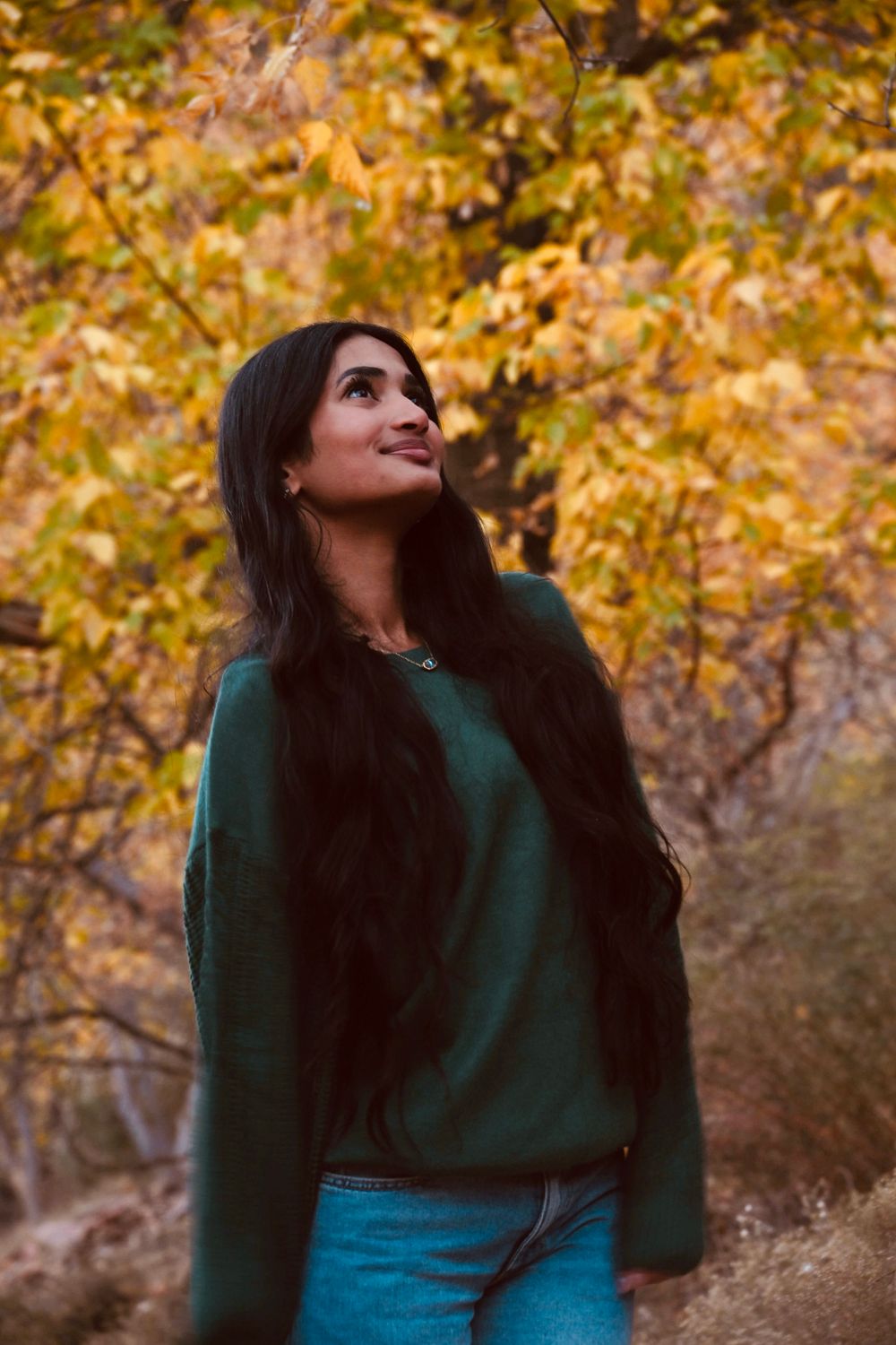 Young woman with long dark hair in green sweater gazing upward among vibrant yellow fall foliage.