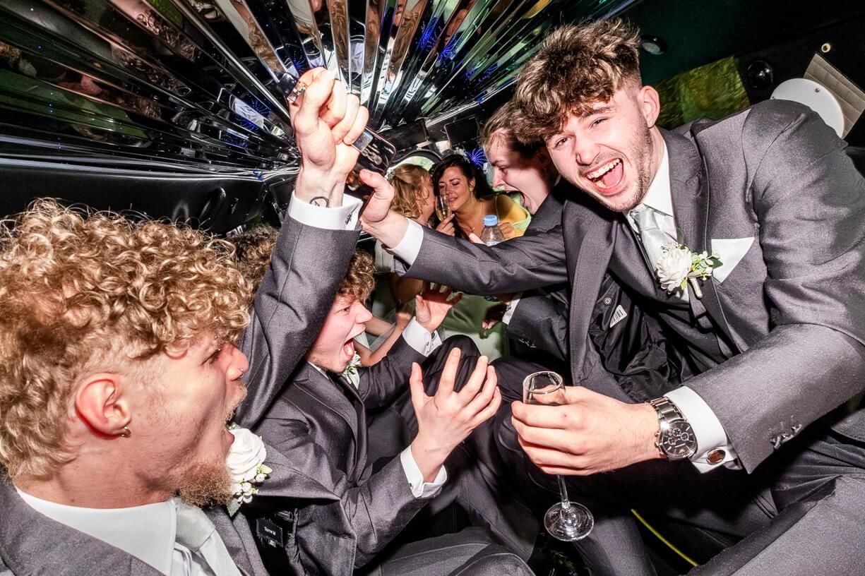 A series of candid party photos showing people celebrating and laughing together at a festive event.