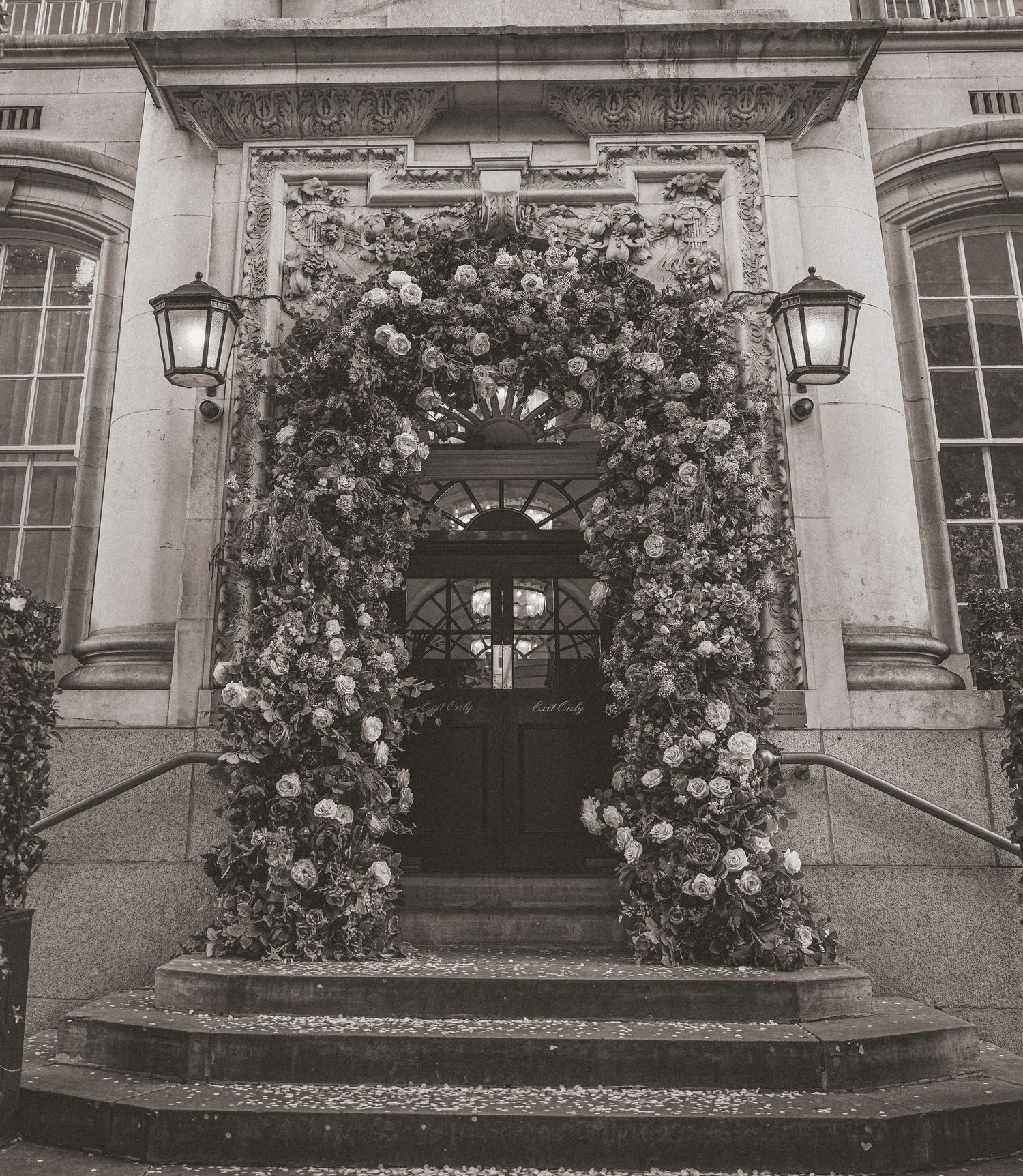 Vintage style photograph of rose-covered entrance to teh elegant building of Chelsea Old Town Hall.