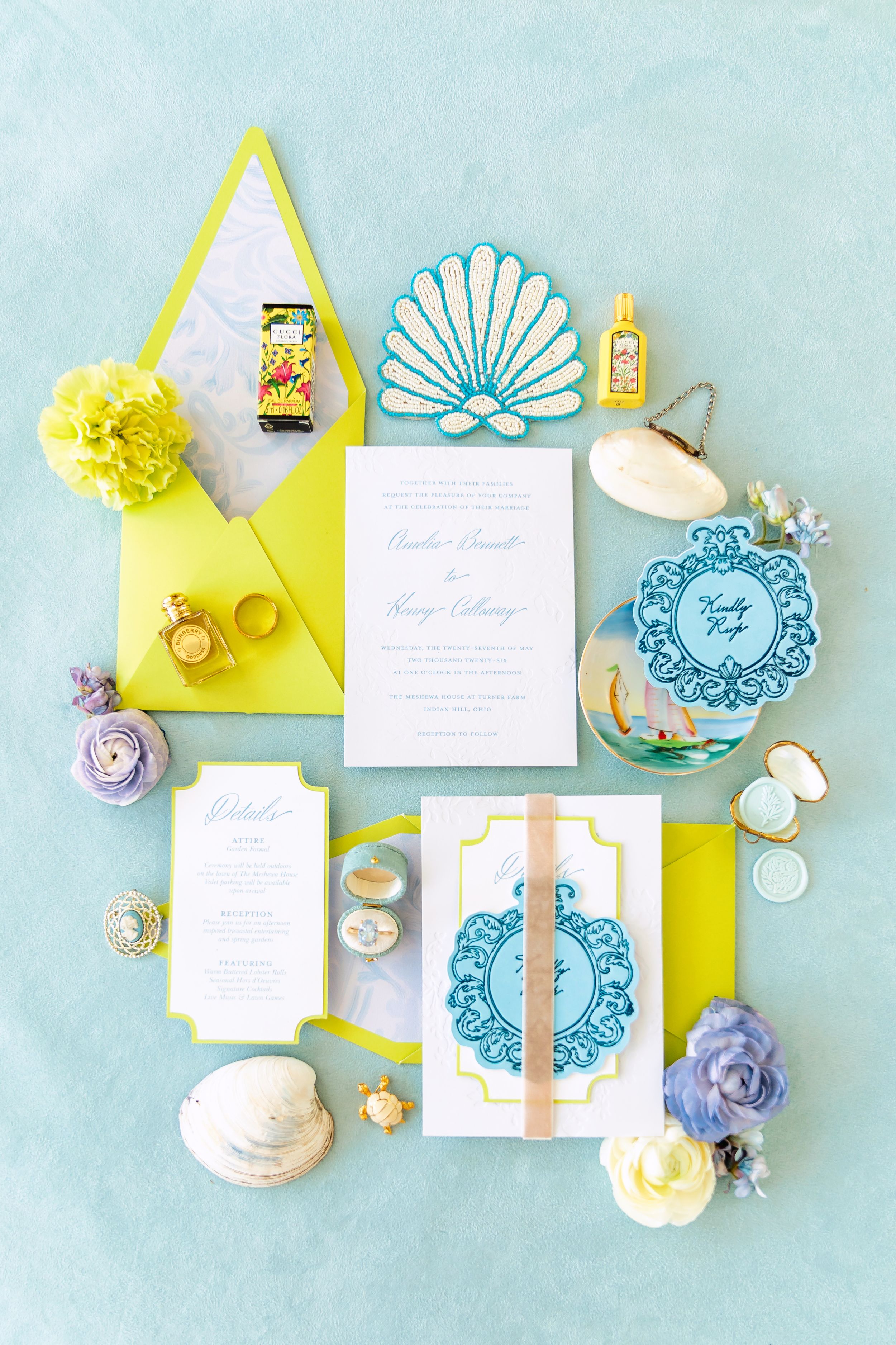 Cincinnati Wedding Photographer, flat lay at The Meshewa House in Indian Hill OH.