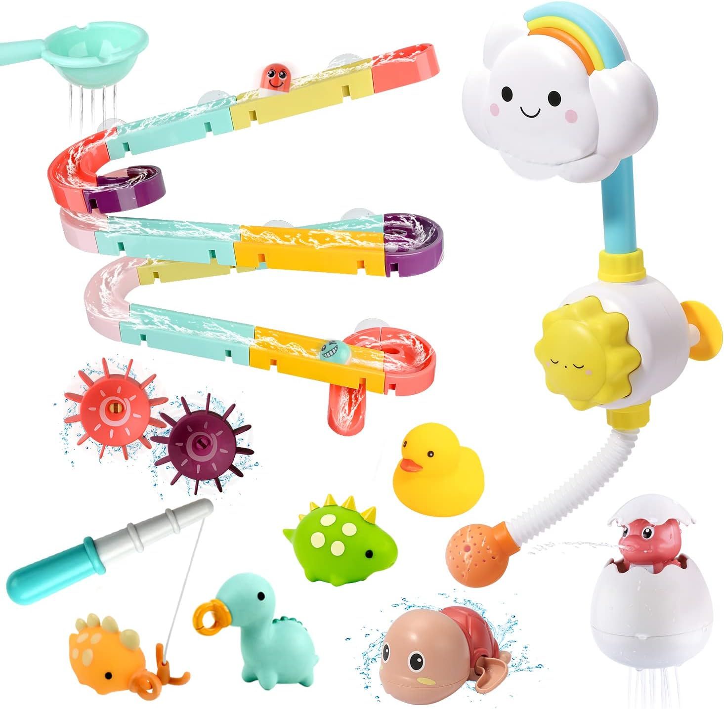 Colorful baby bath toys collection with rubber ducks, water pipes, and sea creatures in pastel colors.
