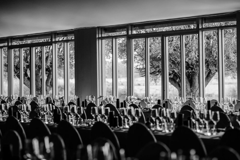 A panoramic black and white photograph showing silhouettes of people against a row of bright windows in a gallery setting.