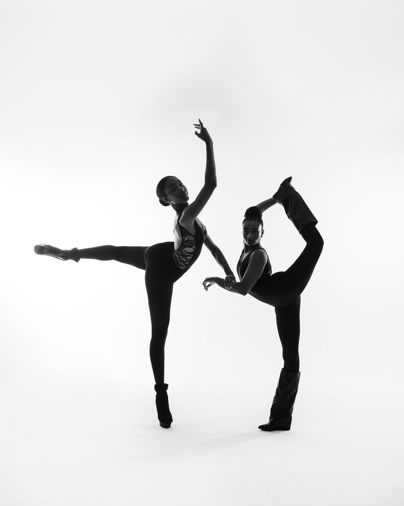 A series of black and white silhouettes showing a dancer performing high kicks and graceful dance movements.