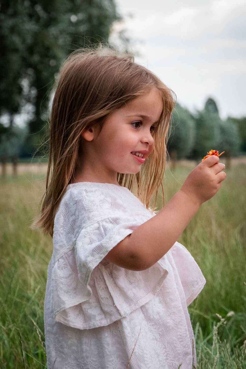 Young girl in white dress holding a small red flower while standing in a green meadow.