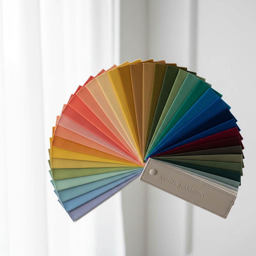 A fanned out paint swatch or color palette displaying a spectrum of colors from red to blue against a white background.