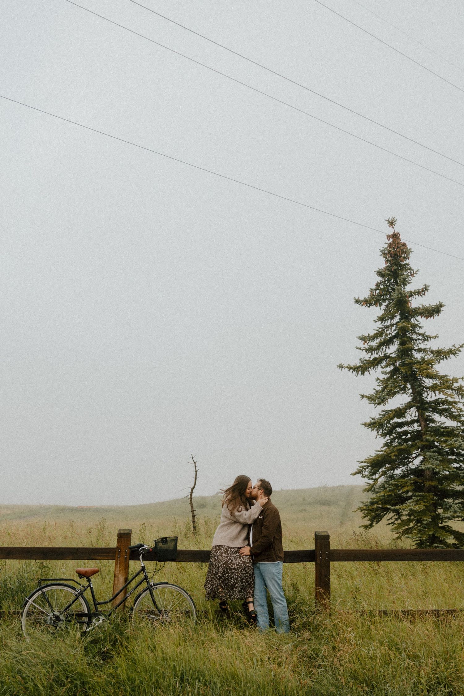 A couple shares an intimate moment on a wooden fence with a lone evergreen tree in a misty field.