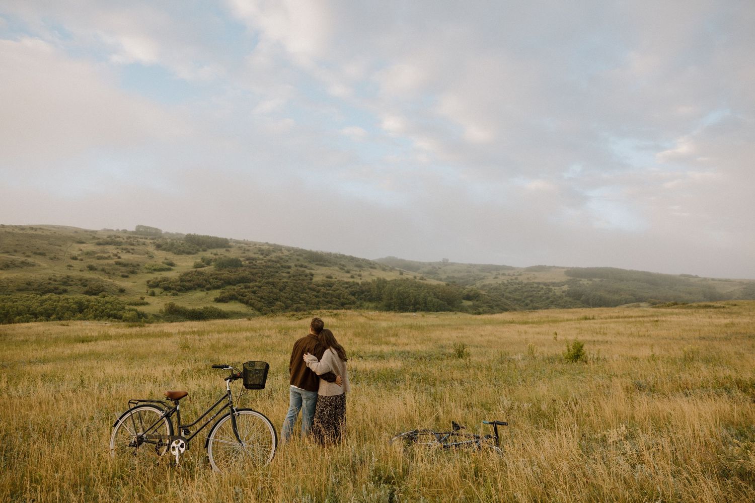 Two bicycles parked in a golden meadow with rolling hills and cloudy skies in the background.