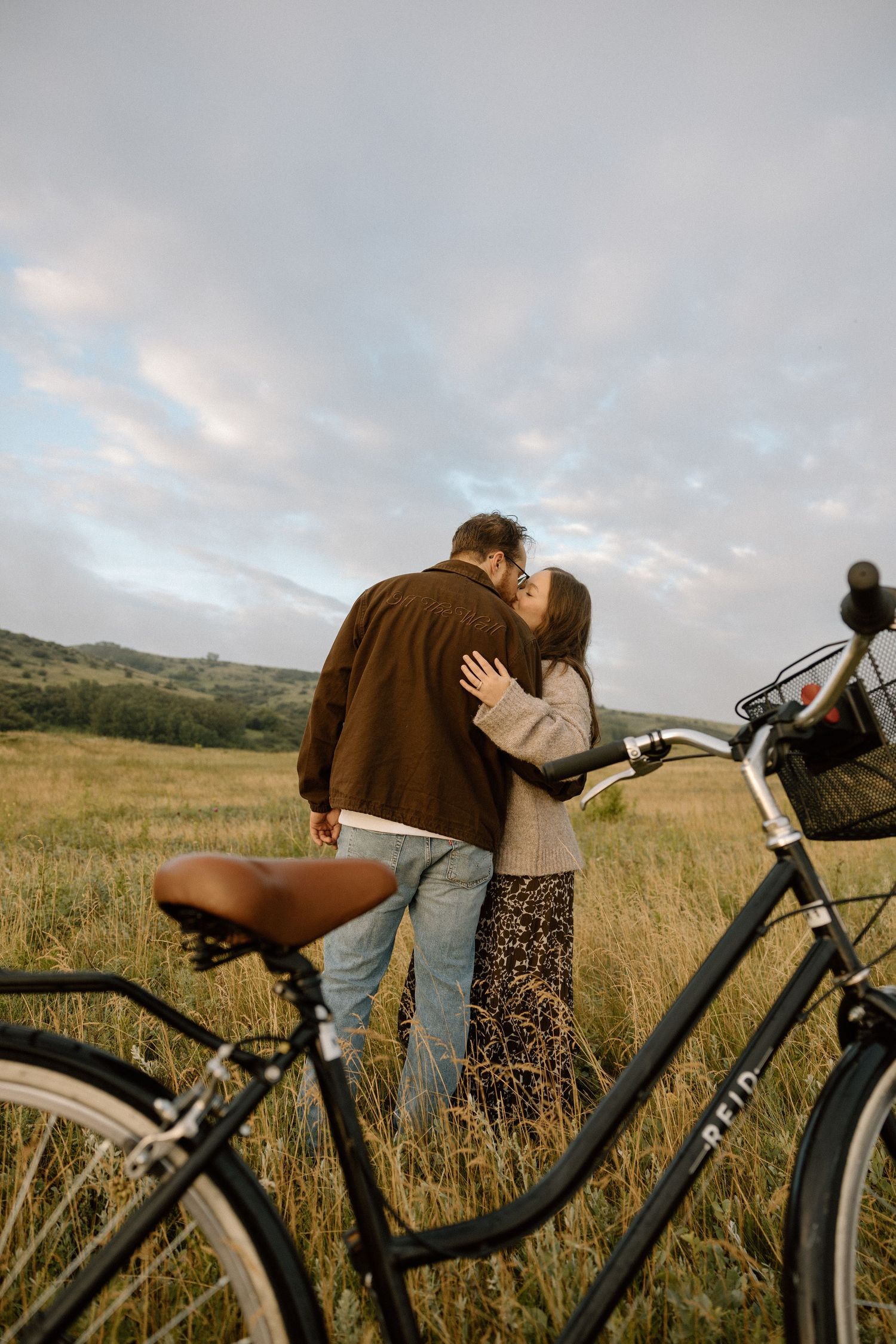 Vintage bicycles parked in a scenic meadow during golden hour.
