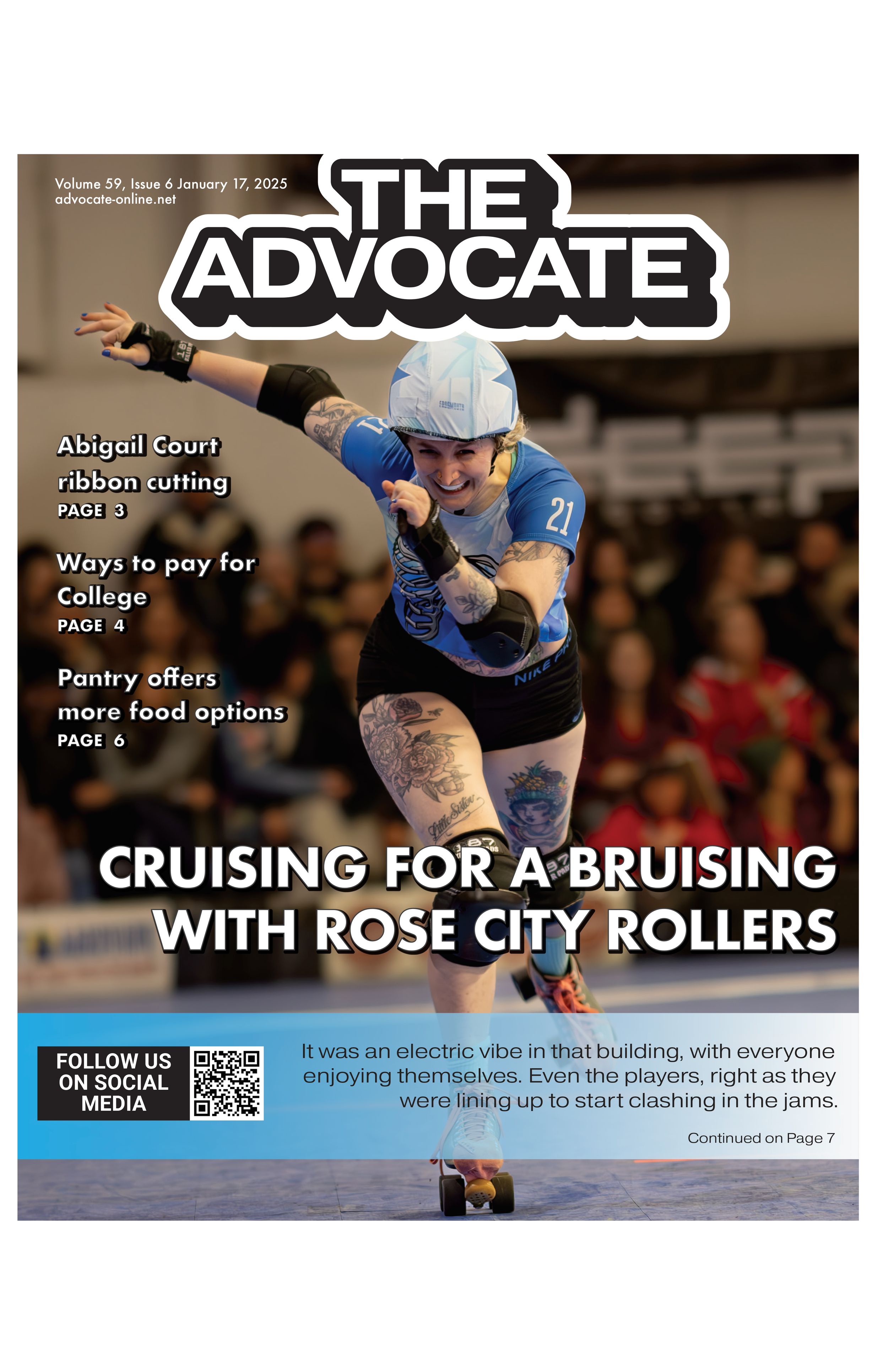 The Advocate cover showing a Rose City Rollers skater charging toward the camera during a roller derby bout.