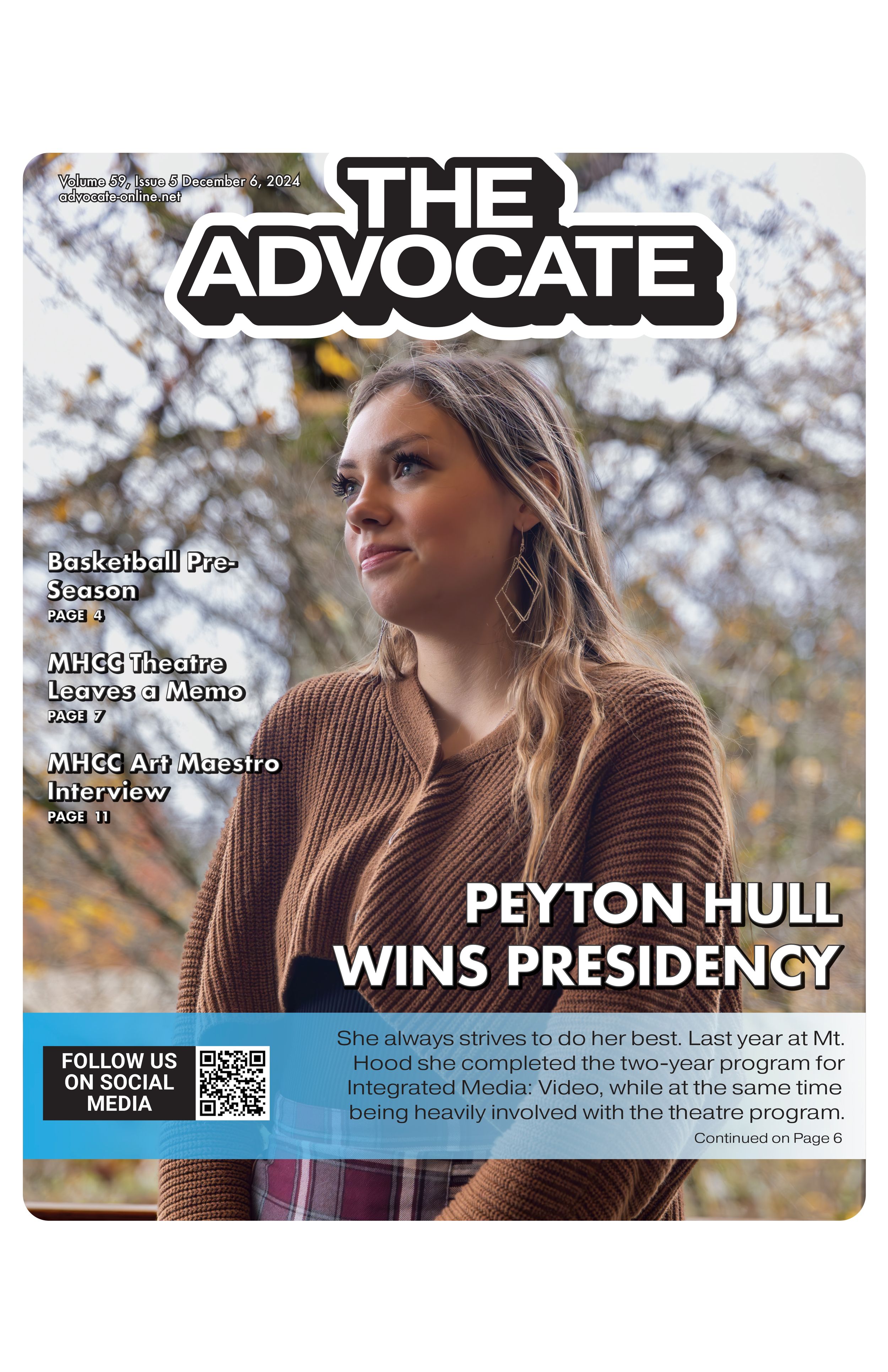 The Advocate cover showing a student portrait outdoors with the headline about winning the presidency.