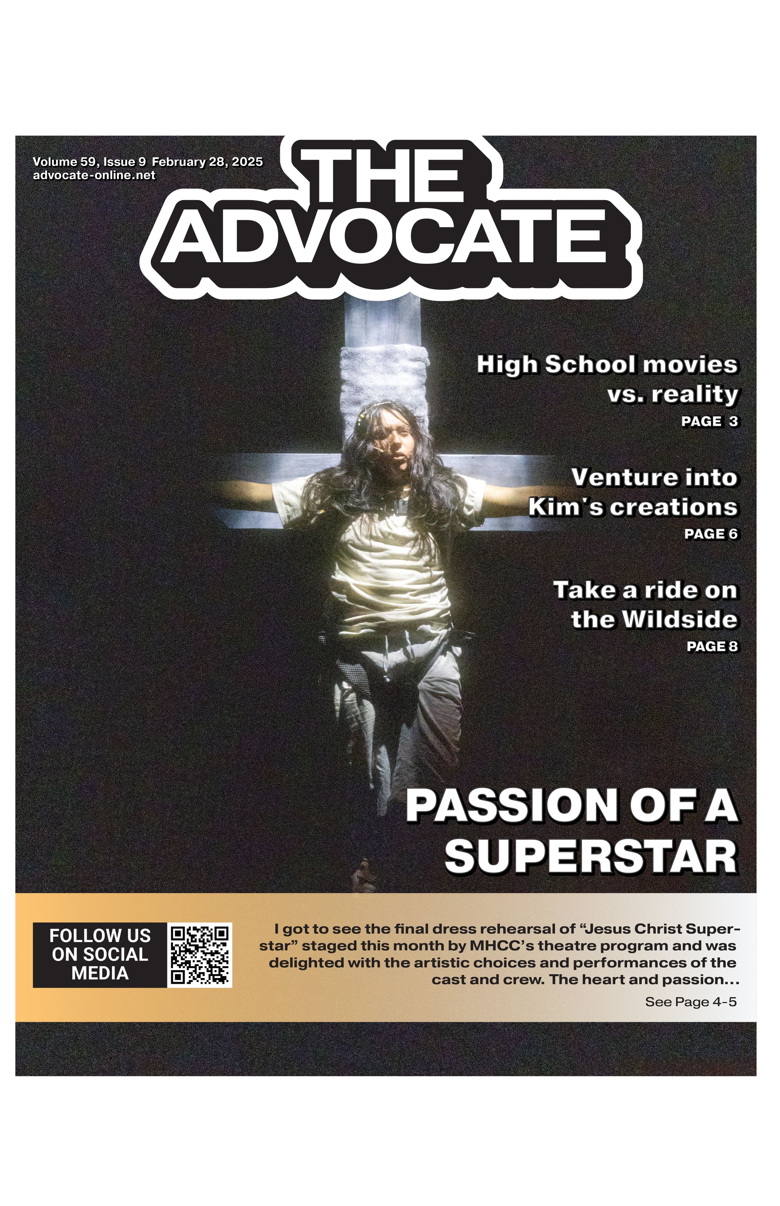 The Advocate cover showing a stage performer under a spotlight with arms outstretched for a theatre story.