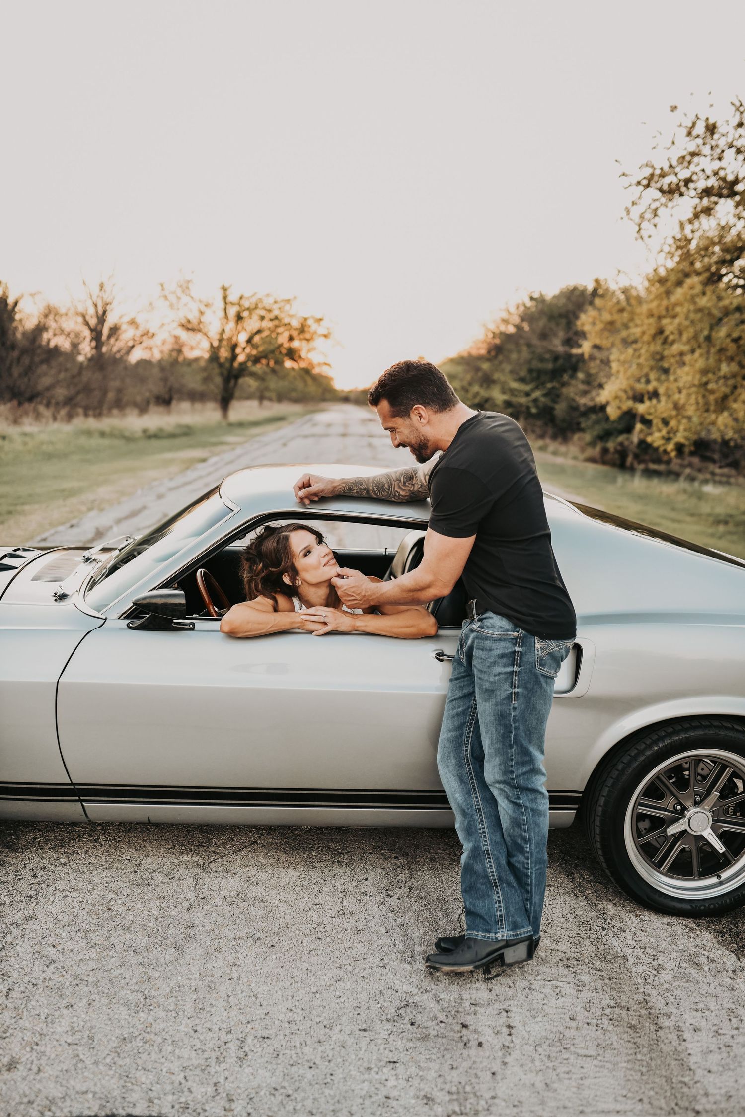 groom in 50s greaser outfit leather jacket engagement photos editorial style