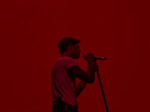 Male singer performing on stage under dramatic red lighting, holding a microphone stand.