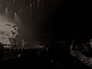 Singer performs on stage bathed in dramatic spotlights before a large crowd in black and white.