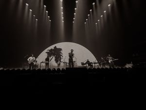 Band performing on stage with a white semicircle backdrop and palm tree decor.