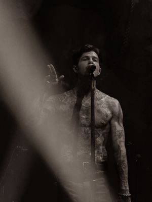 Shirtless tattooed male singer performing on stage with microphone in black and white concert photo.