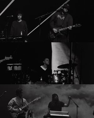 Black and white collage of band members playing keyboards, guitar, and drums on stage.