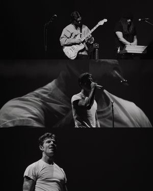 Black and white triptych of concert photos showing band members performing on stage with a singer.