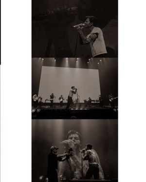 Black and white triptych of male vocalist performing live on stage with full band backdrop.