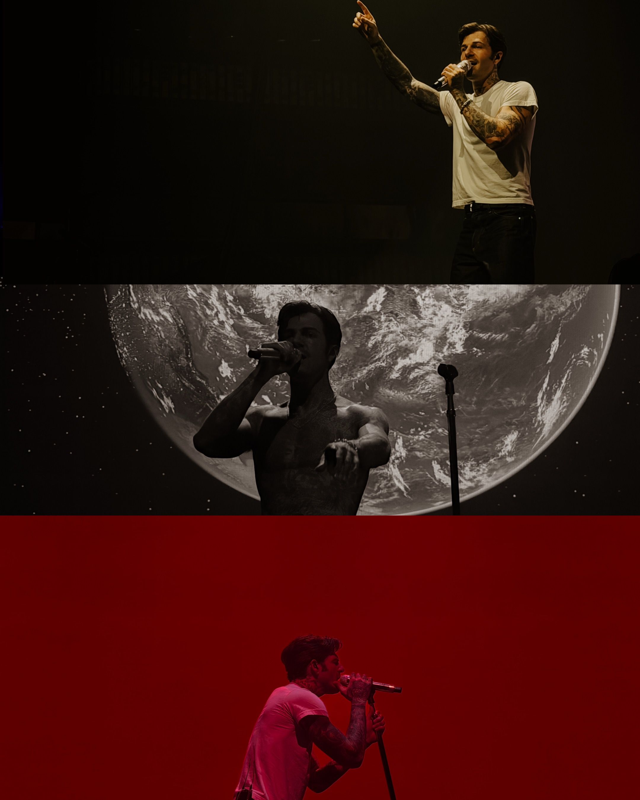 Three-panel concert photo showing a male performer singing on stage with a large moon projection backdrop.