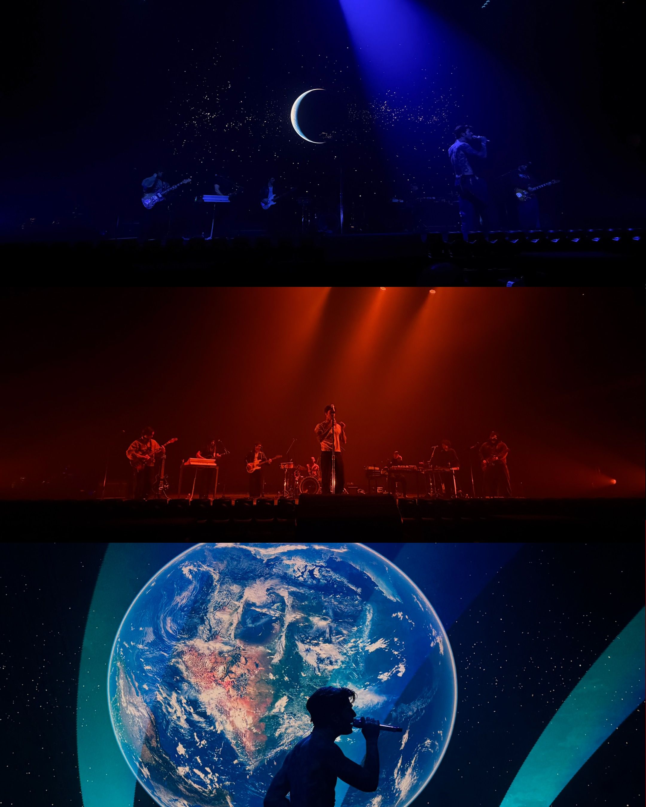 Concert triptych showing crescent moon, red-lit band, and globe stage prop with silhouette.