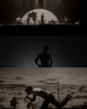 Black and white concert triptych showing band on lit stage, silhouetted performer, and dramatic cloud scene.