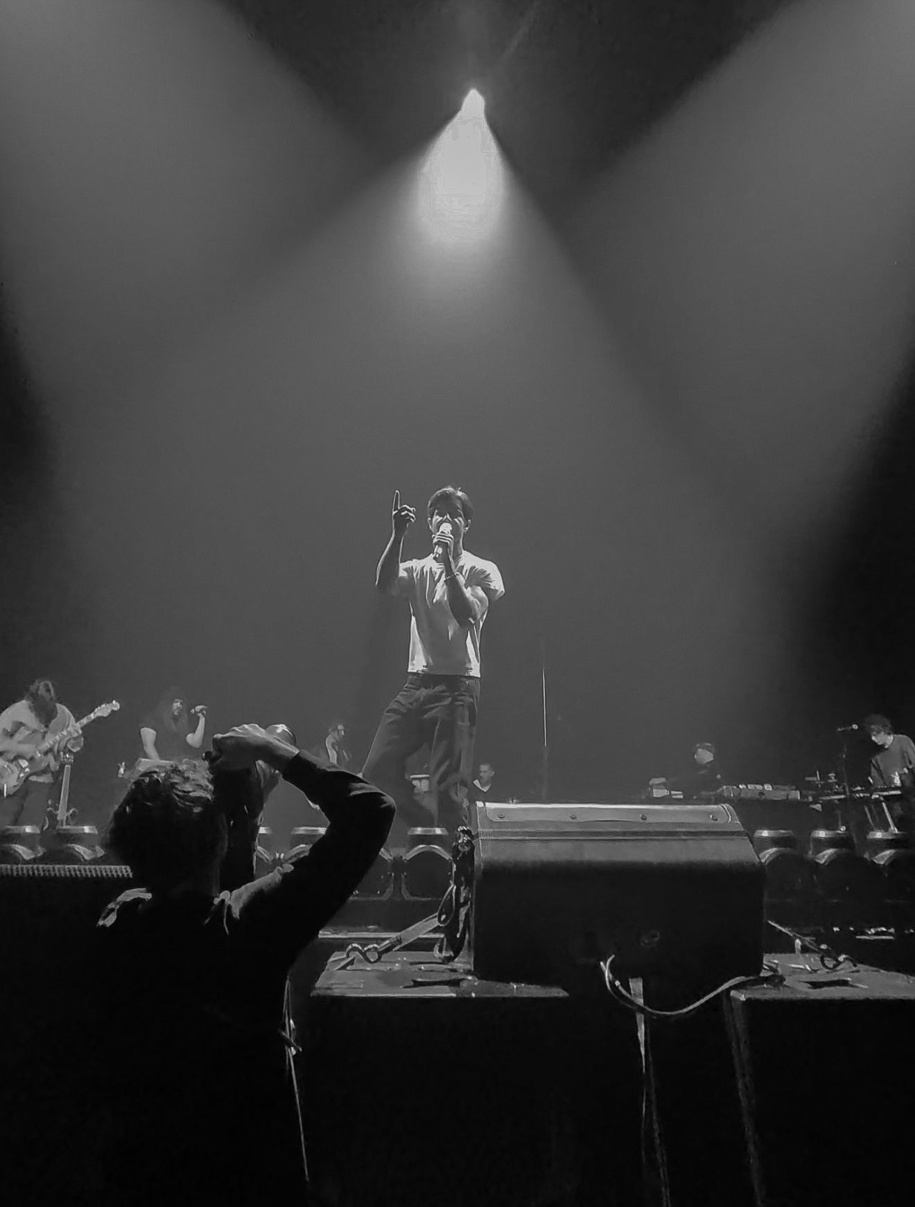 Singer performs on stage under dramatic spotlights with band members visible in black and white.