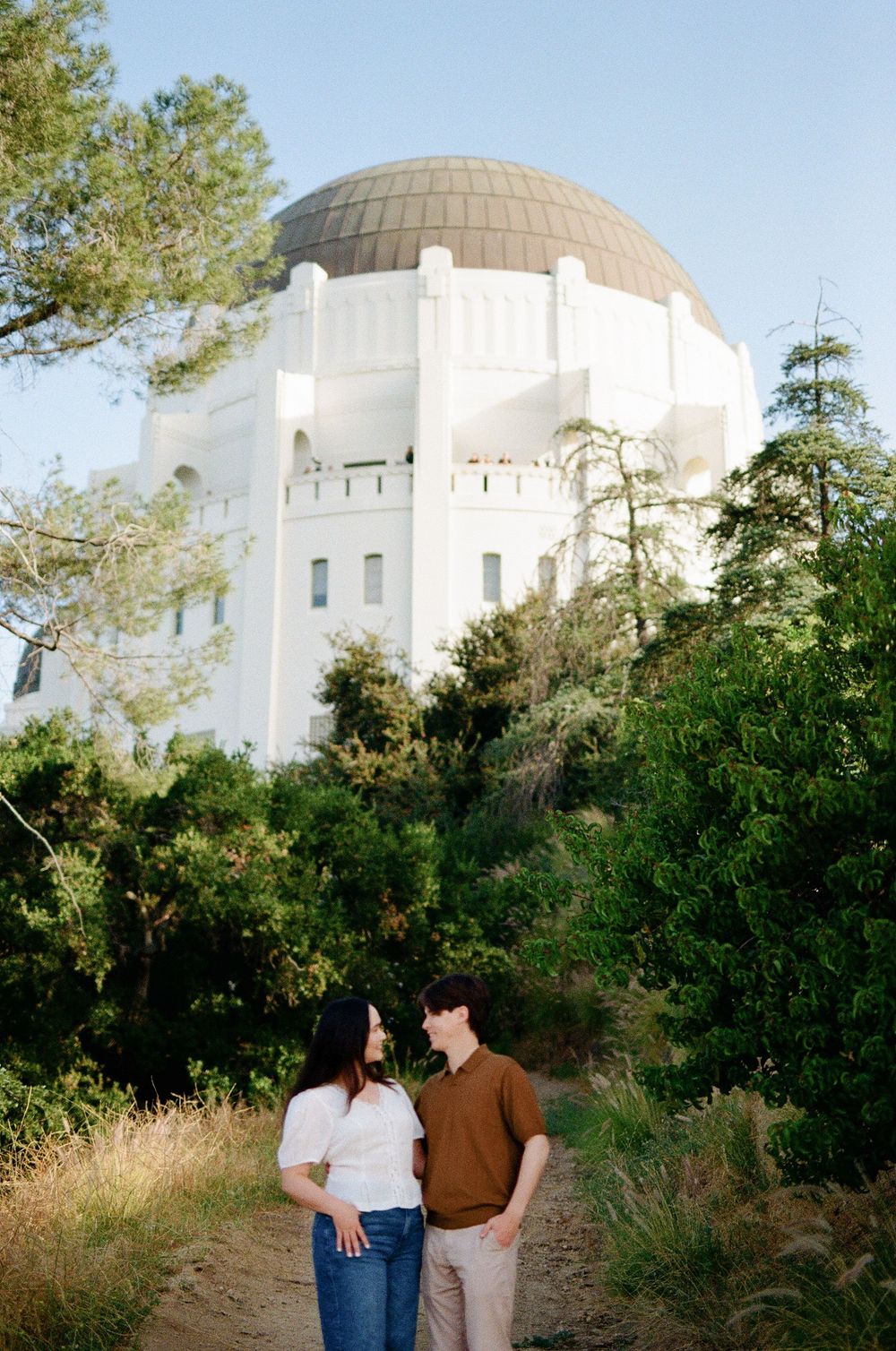 Candid Griffith Observatory engagement session on 35mm film, captured by a Asheville NC documentary wedding photographer.
