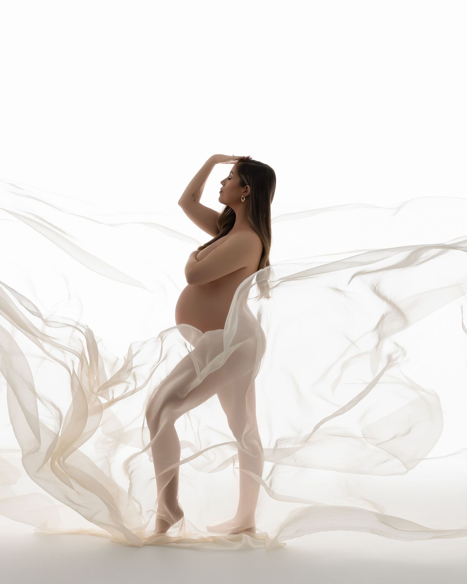 Artistic silhouette portrait highlighting the curves of pregnancy against dark background.