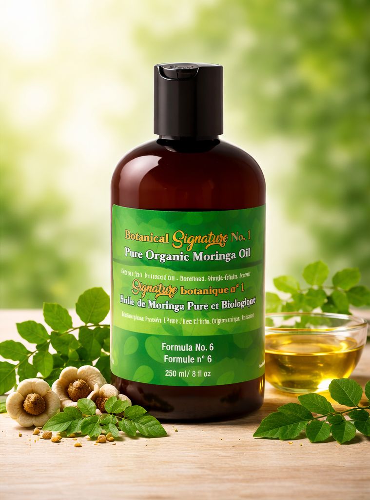 Botanical Signature No.1 Pure Organic Moringa Oil 250ml bottle surrounded by fresh moringa leaves and flowers on wooden surface.