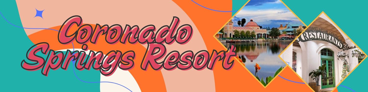 Retro-style resort logo banner featuring Coronado Springs Resort text and architectural elements.