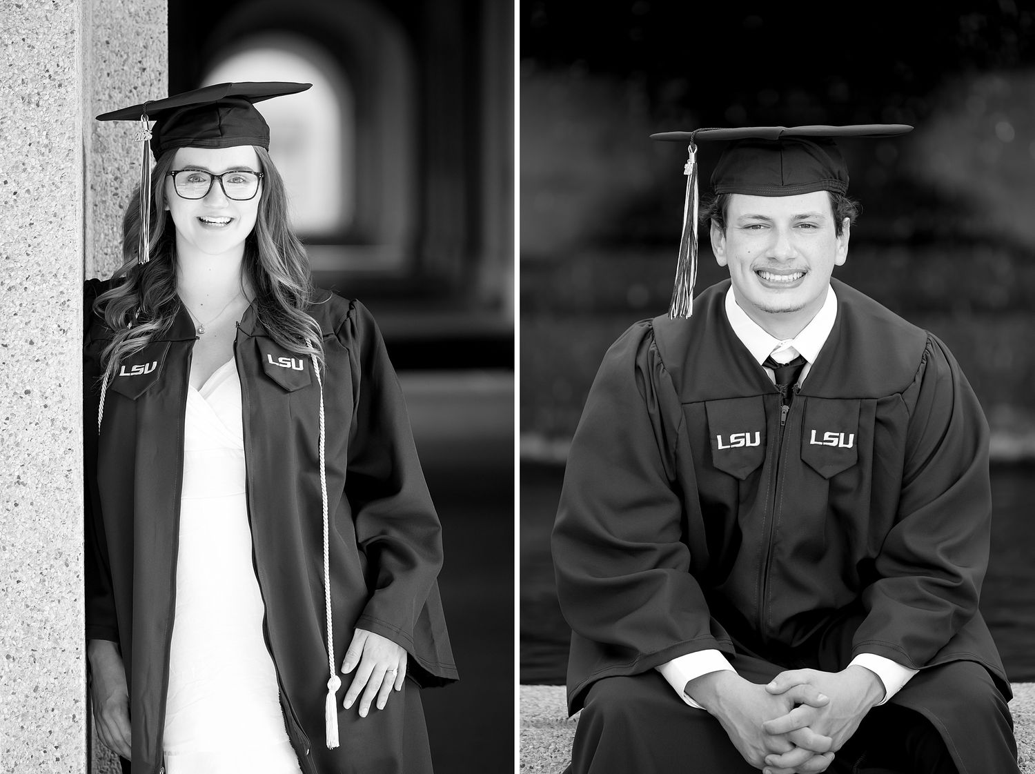 Two LSU graduates smile in black caps and gowns in separate portrait photos celebrating their graduation.
