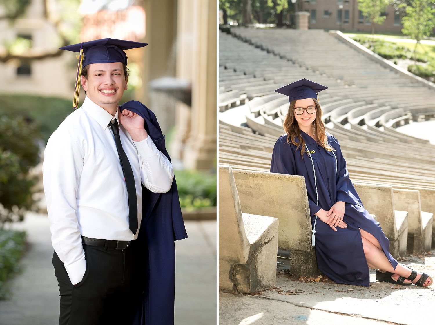 Two college graduates in navy blue caps and gowns pose for senior portraits outdoors on a sunny day.