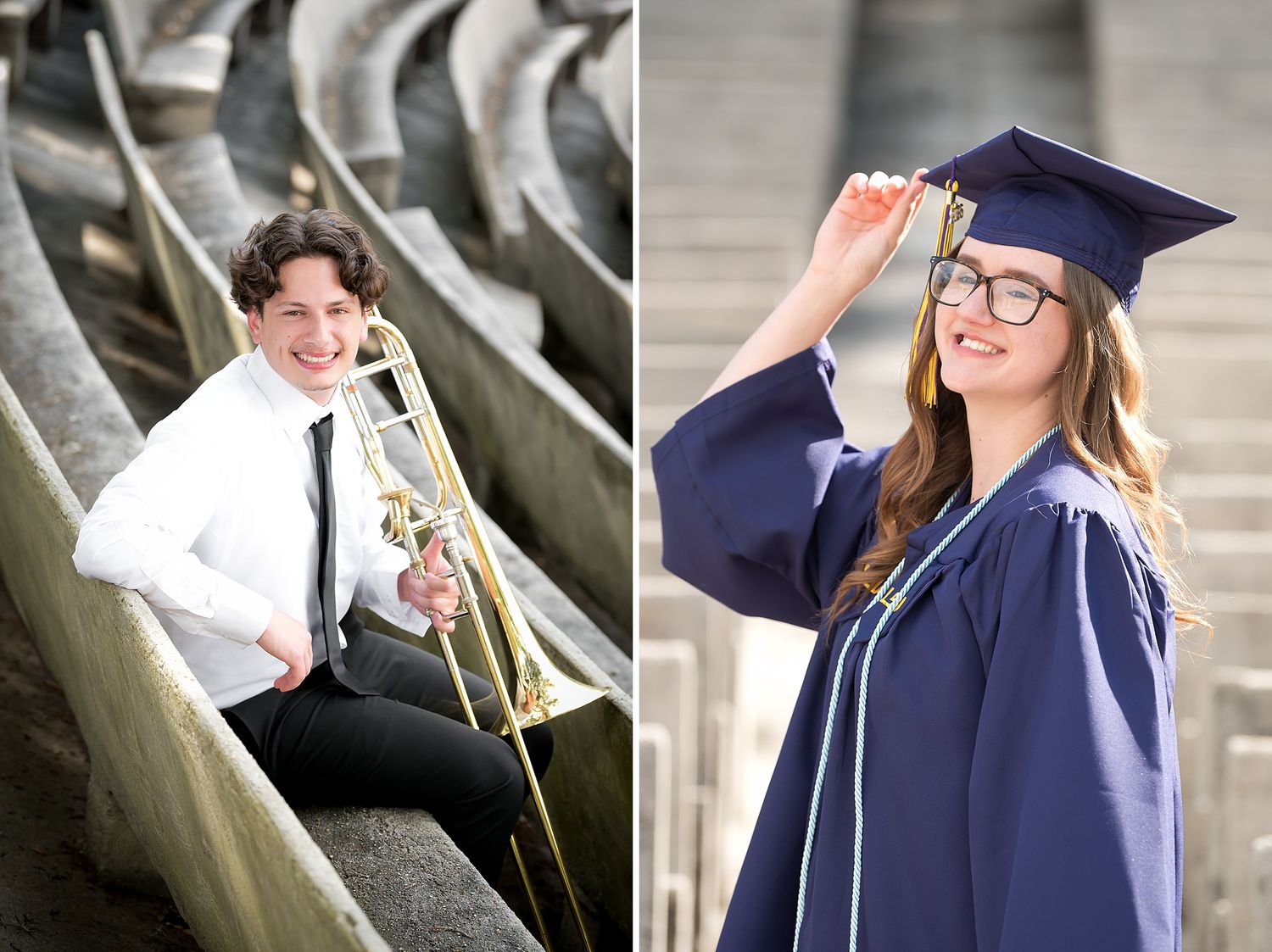 Split photo of a teen boy with trombone on bleachers and a girl in navy graduation cap and gown.