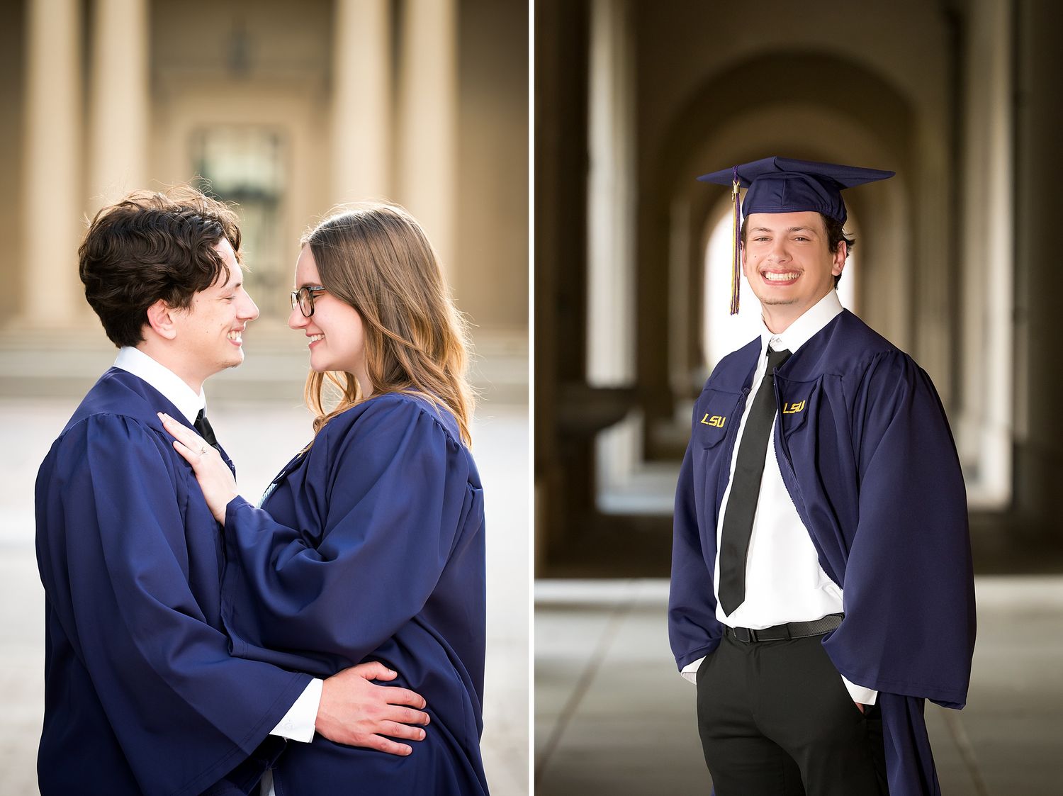 Two graduates in navy blue caps and gowns pose for senior portraits at a university building.