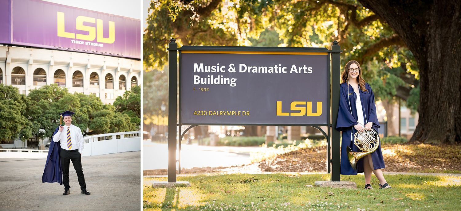 LSU graduate in cap and gown poses near Music & Dramatic Arts Building sign holding a French horn on campus.