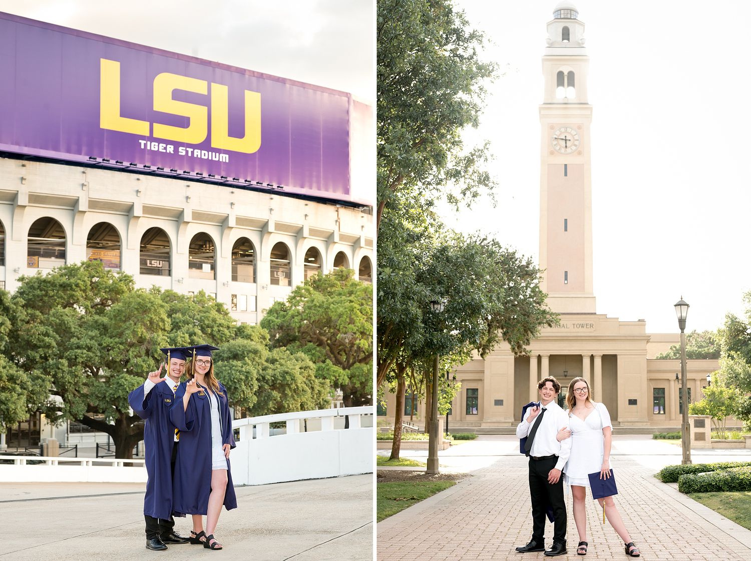 LSU graduates in caps and gowns pose near Tiger Stadium and the Memorial Tower on the LSU campus in Baton Rouge.