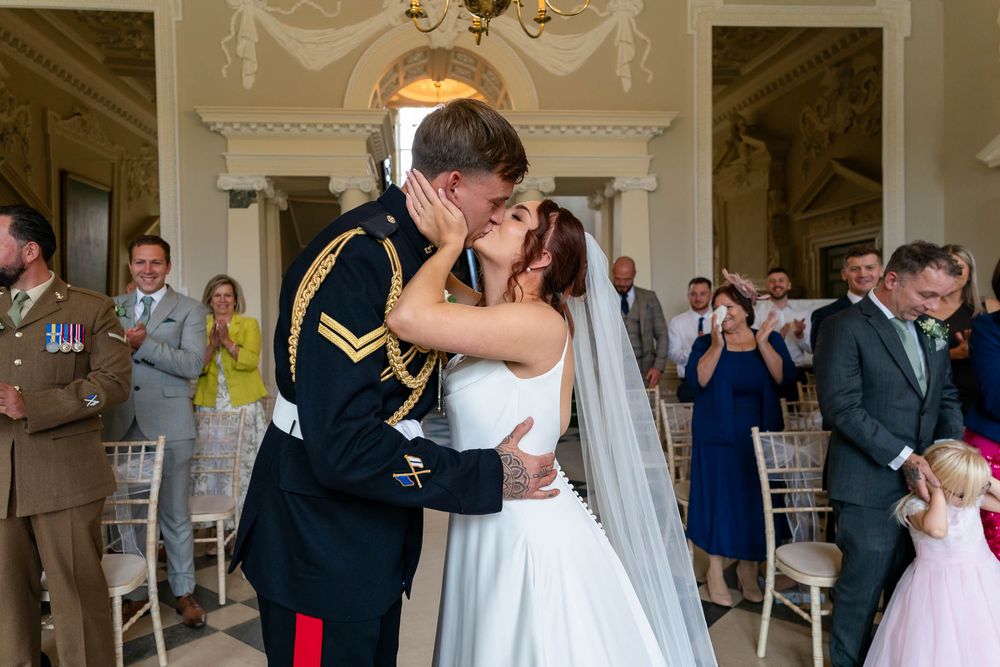 Bride and Groom first kiss at Crowcombe Court Wedding.