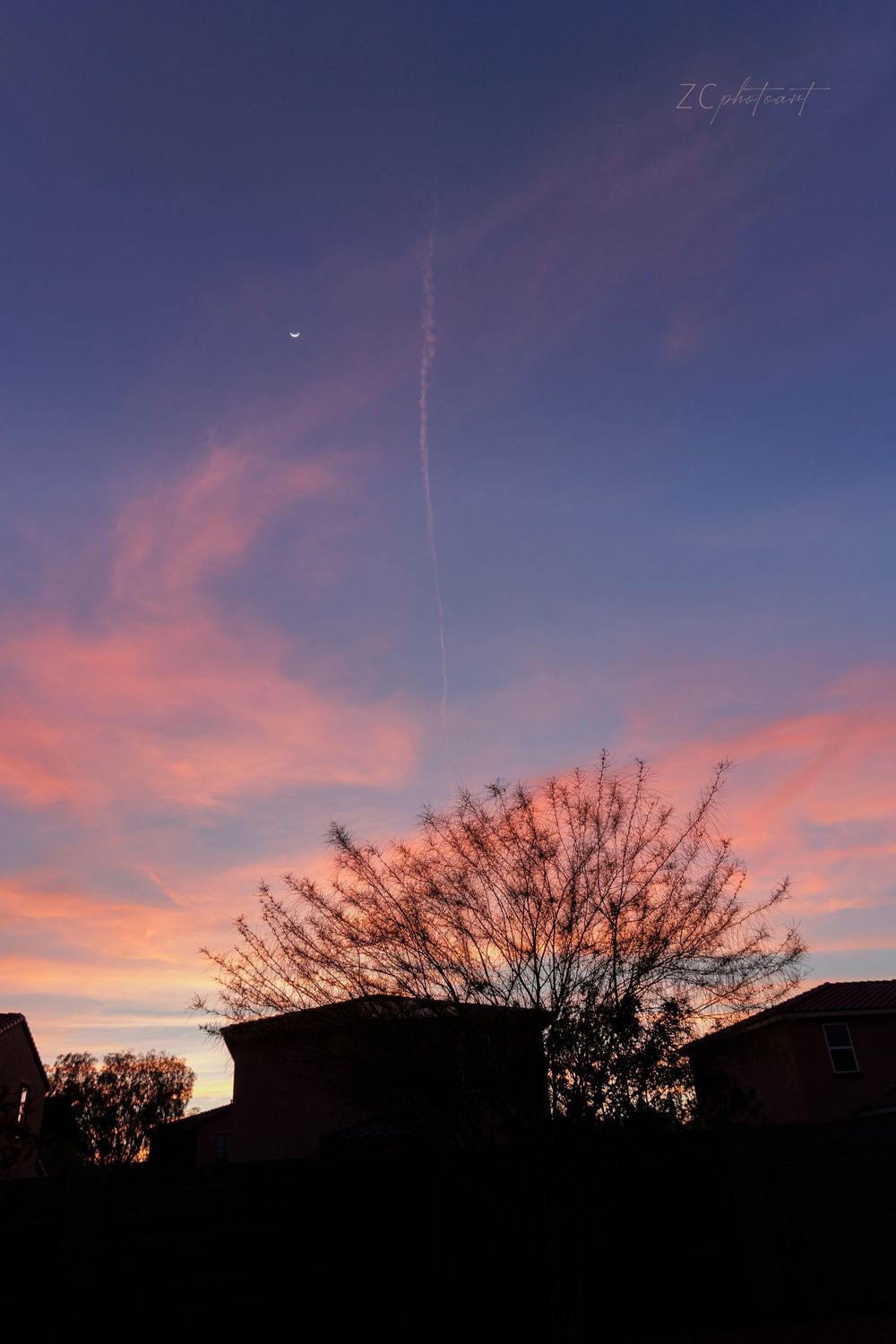 Vibrant pink and purple sunset sky with silhouetted tree and rooftops, featuring a contrail and crescent moon.