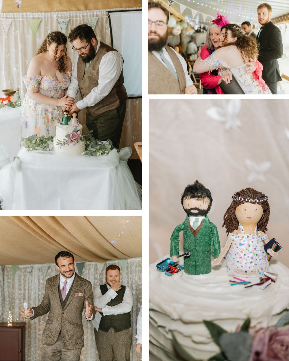 Collage of wedding moments including cake cutting, guest hugs, groom toast, and cute handmade bride and groom dolls.